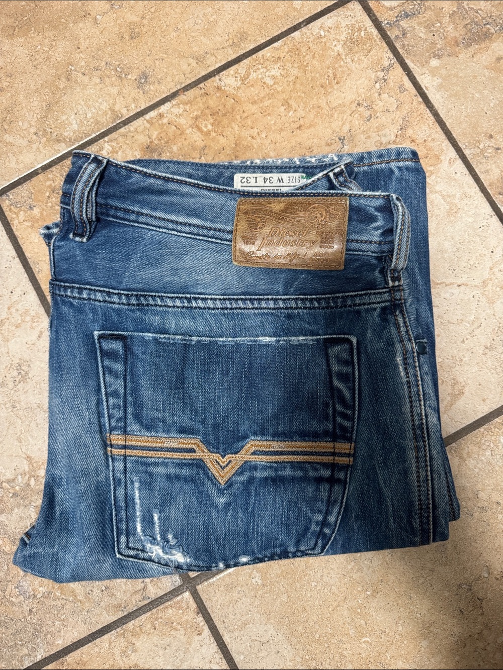 Diesel Men's Blue Denim Jeans with Embroidered Back Pocket